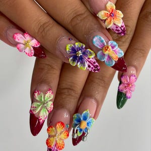 Tropical Summer Press On Nail | Colorful 3D Floral Fake Nails | Floral Fantasy Nail Art | Vibrant Bloom Fake Nails | Colorful Nails | DB223Y
