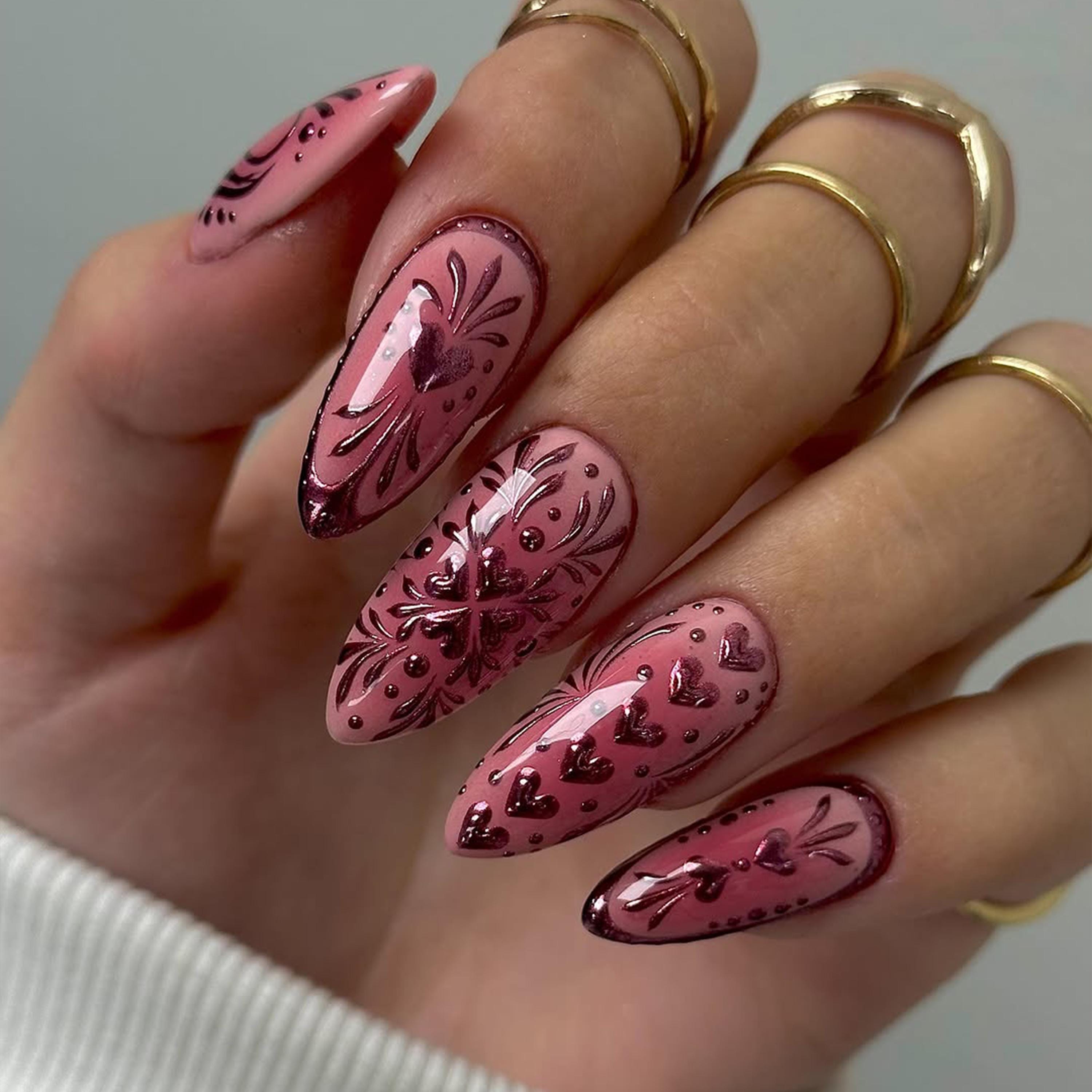 Pink Embossed Heart Press On Nails | 3D Heart And Swirl Design | Romantic Blush Nails | Love & Heart Nail Art | Romantic Nails | DB201H