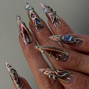 Metallic Chrome Aurora Press On Nails | Holographic Chrome Fake Nails | Elegant Metallic Swirl Nail Art | Holographic Stiletto Nails |DC126Y