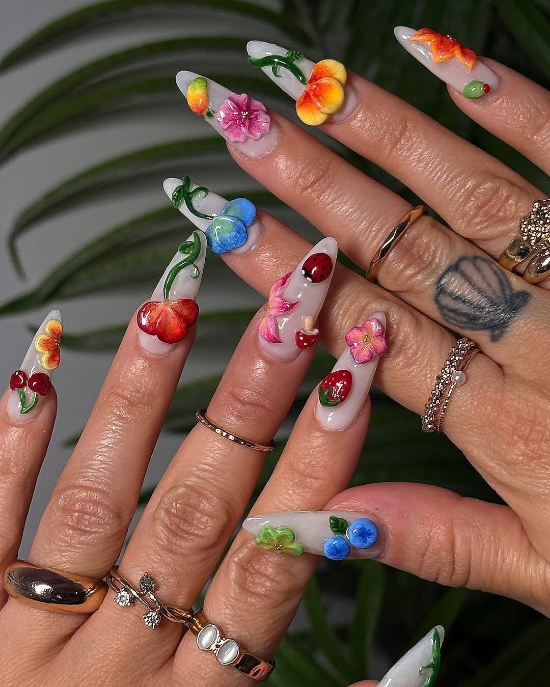 3D Fruit Floral Press on Nails by Auritanail | Colorful Summer