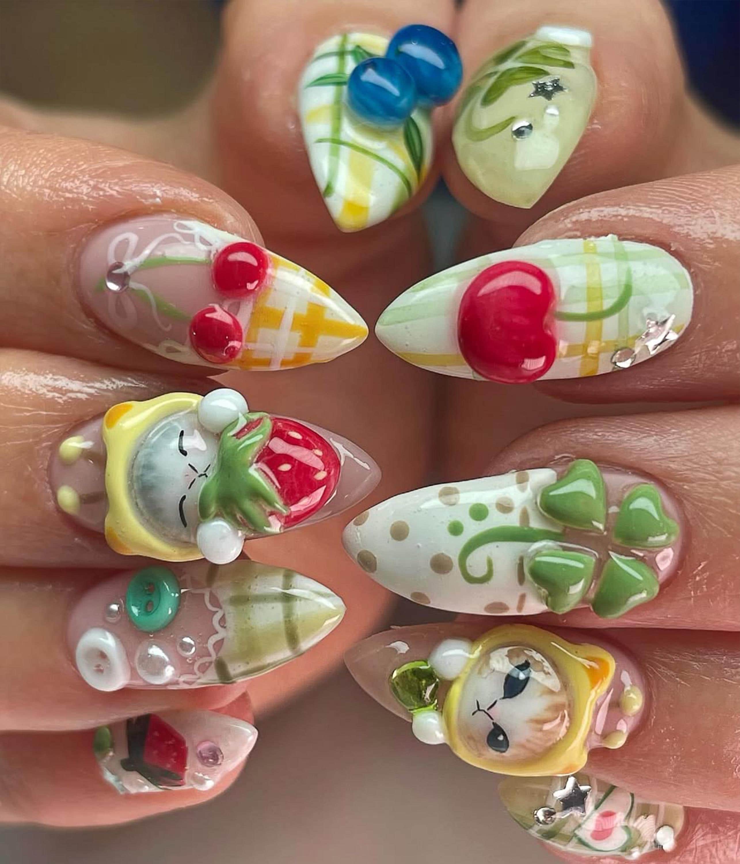 Cute Cat Press On Nails | Cute 3D Character Nails | Strawberry & Cherry Nail Art | Pastel Kawaii Press Ons | Fun Nails |DB383H
