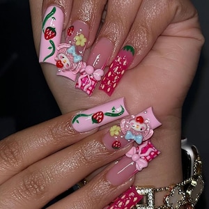 Pink Strawberry Press On Nails | My Melody Inspired Fake Nails | Kawaii Summer Nail Art | Y2K Aesthetic Press Ons | Harajuku Nails | DB407Y
