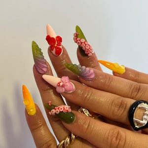 Octopus Coral Reef Press On Nails | Summer Ocean Nail Art | Cute 3D Sea Creature Fake Nails | Jellyfish Coral Press Ons |Beach Nails |DB437Y