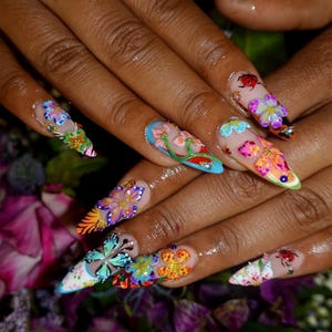 Vibrant 3D Butterfly Press On Nails | Bold & Colorful Fake Nails | Handmade Floral Nail Art | Garden-Inspired Almond Nails | Luxury | DB217Y