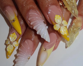 Yellow Butterfly Summer Press On Nails | Yellow Ombre & Butterfly Accent Nails | Hand-Painted Yellow Floral Design | Handmade Nail | DB173H
