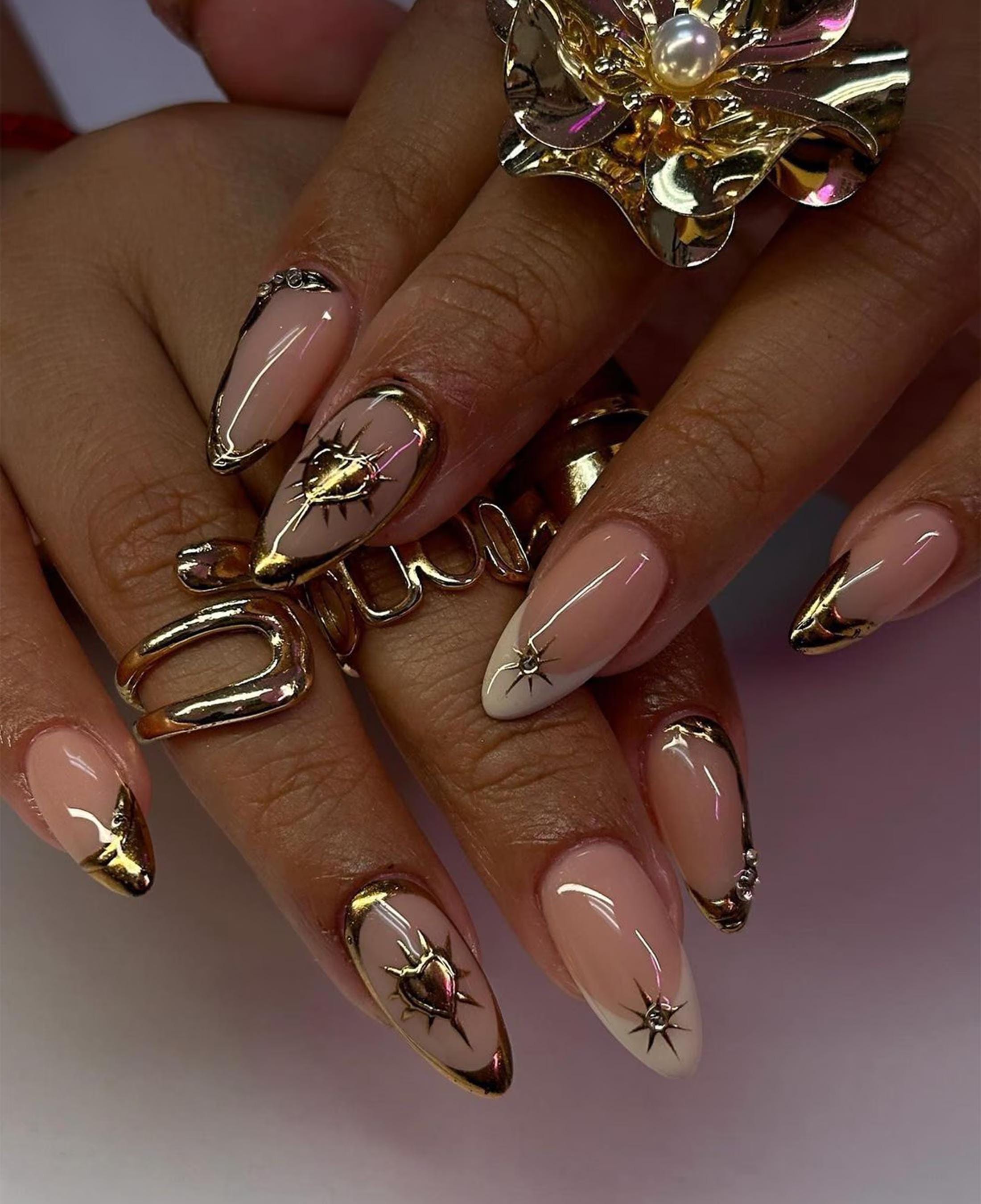 Classic Nude Nails with Gold Filigree Accents