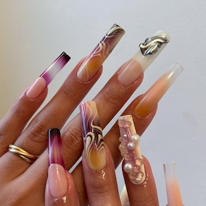 Luxus Ombre Drücken Sie auf die Nägel | Farbverlauf Marmor Nail Art | Irisierende Perlenakzent-gefälschte Nägel | 3D Perlen Chrome Press Ons | Abstrakt | DC436Y