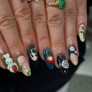 Uñas postizas con personajes kawaii de AuritaNail / Uñas postizas de conejita Miffy / Diseño de uñas con cielo estrellado y Miffy 3D / Uñas japonesas lindas / DB255Y