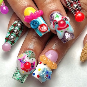 Colorful Circus Clown Press-On Nails | Carnival Kawaii Clown 3D Nails Art | Whimsical Clown Theme Nails | Artistic Fun Nail Set | DB83H
