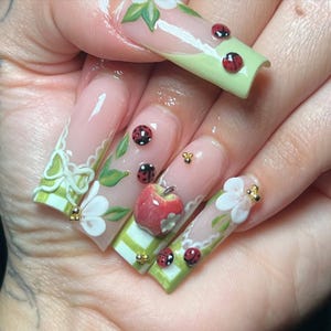 Summer Garden Press On Nails | 3D Ladybug & Apple Nail Art | Floral Kawaii Nail Set | Handmade Nature Press Ons | Cute Summer Nails | DB420H