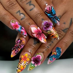 3D Butterfly Garden Press On Nails | Floral Jungle Nail Art | Wild Garden Fake Nails | 3D Artistic Press Ons | Bold Summer Nails | DB438Y
