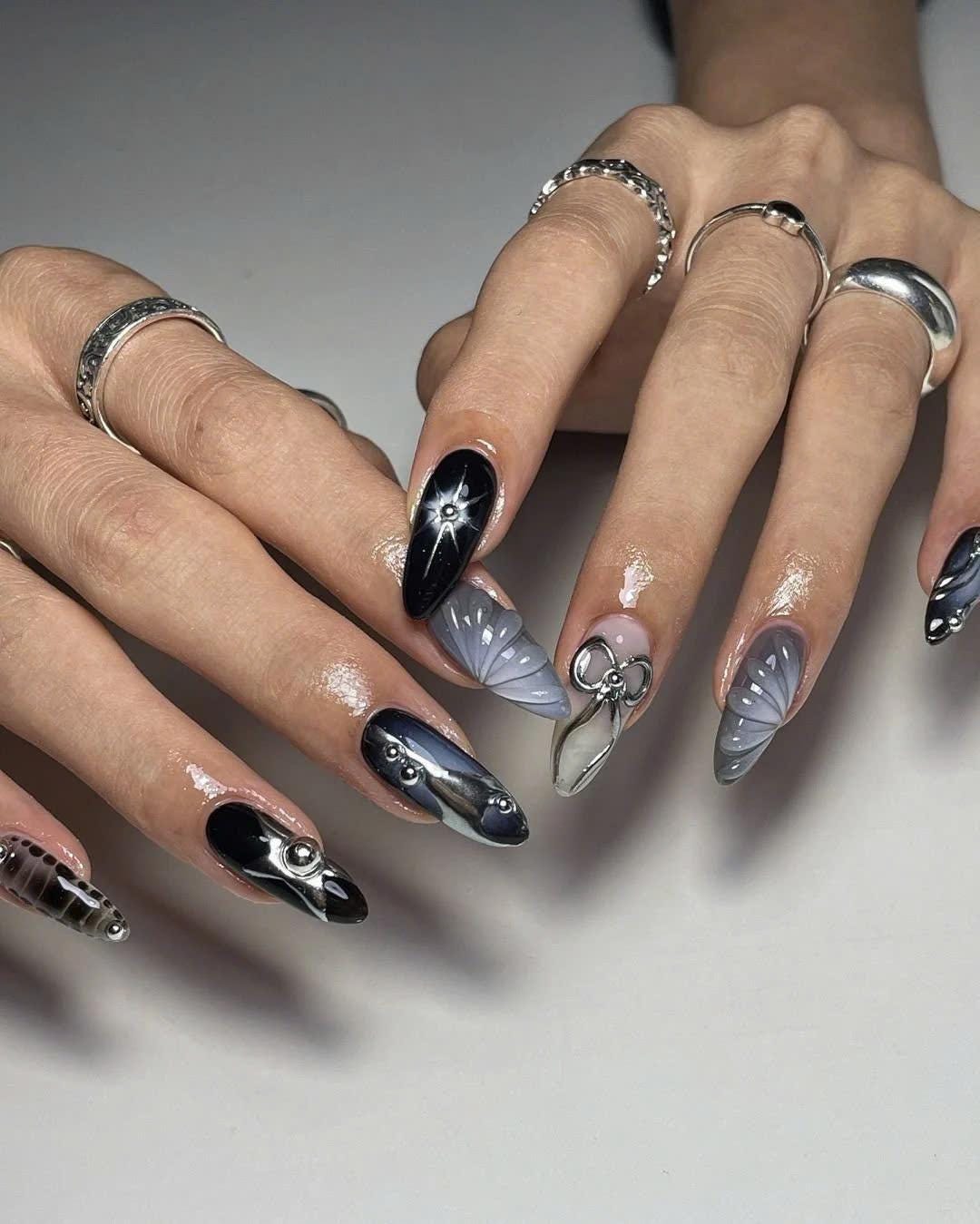 Futuristic Black & Silver Nails