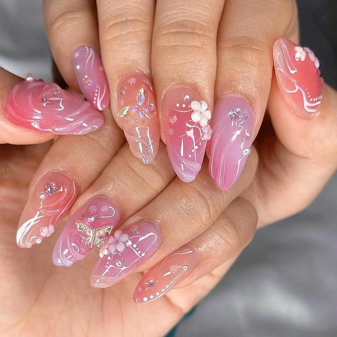 Floral Motif Pink Nails That Tell a Story