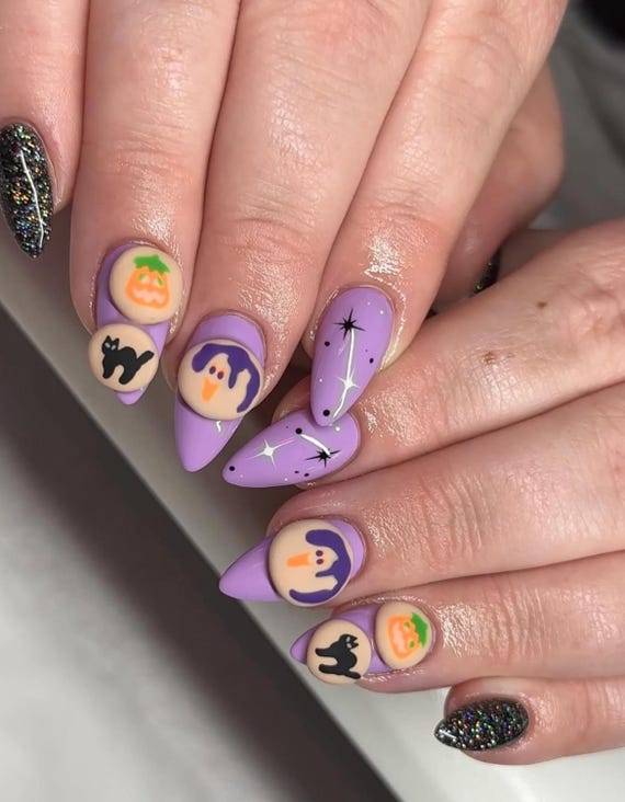 キュートなハロウィンパープルプレスオンネイル | 3Dゴースト
