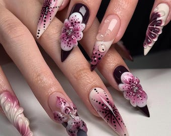 Dark Floral Press on Nails | Ombre & Floral Design Fake Nails | Elegant  Gothic Nail Art | Deep Purple Floral Press Ons |luxury Nails |DB237Y - Etsy