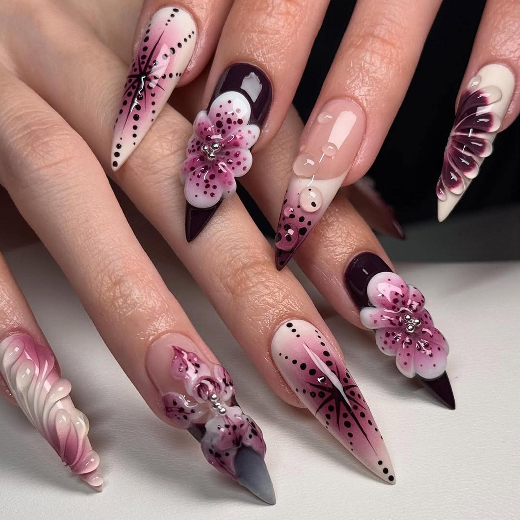 Stunning Dark Purple Nails with 3D Crystals
