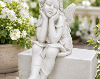 24" Concrete Sitting Angel Garden Statue