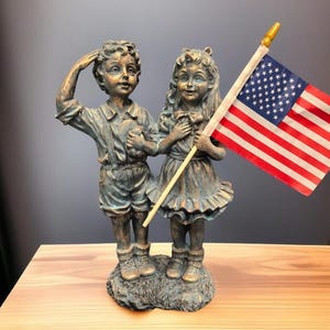 14&quot; Patriotic Flag Children Statue – Antique Stone Garden Decor & Unique Gift American, soldier, Army , USA Decorations