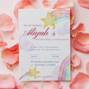 Rainbow Star Birthday Invitation: Editable Canva Template (Digital Download)
