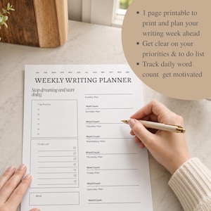 Weekly Writing Printable | Writing Tracker | Workbook for Writers | Novel Writing Worksheet | Fiction Writing Template | Writing Checklist
