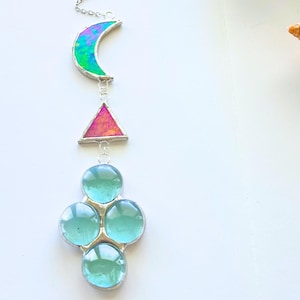 Crescent Moon Stained Glass Mini Mobile – Iridescent Blue Moon – Window Hanging – Wall Decor Boho Garden Art – Stained Glass Sun catcher
