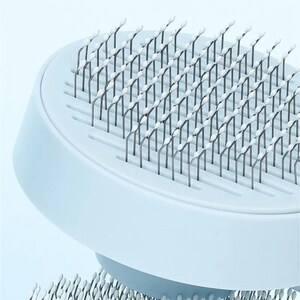 May include: A light blue pet grooming brush with numerous thin, metal bristles topped with white tips. The brush has a rounded shape with a handle and is designed for removing loose fur and tangles from pets.