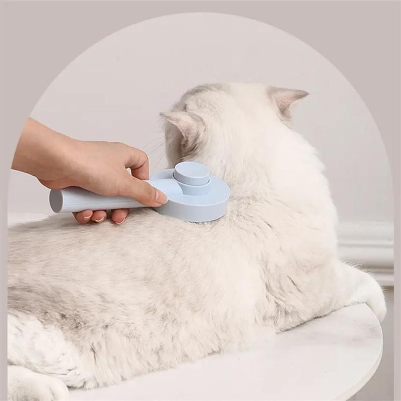 May include: A light blue pet grooming brush being used on a fluffy white cat. The brush has a round head and a cylindrical handle. The cat is lying down, and the brush is being used to groom its fur.