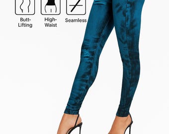 High-Waist Jeggings for Women – Seamless Butt-Lifting Faux Denim Leggings – Stretchy Print Jean Look Pants