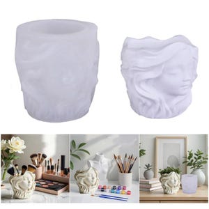 May include: A white, sculpted head-shaped container with flowing hair, shown empty and filled with makeup brushes, paintbrushes, and plants. The container is a decorative item, suitable for holding various items.