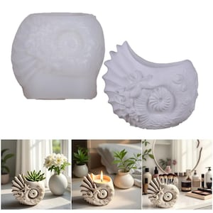 May include: White seashell-shaped decorative containers. The containers have a detailed design of a nautilus shell with starfish and other sea life. The containers can be used as a planter, candle holder, or makeup brush holder.