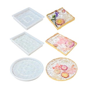 Puede incluir: Conjunto de cuatro moldes de silicona transparentes para fundición de resina. Los moldes son de forma cuadrada, rectangular y dos círculos. Los moldes tienen una superficie texturizada que se asemeja a una roca o piedra.