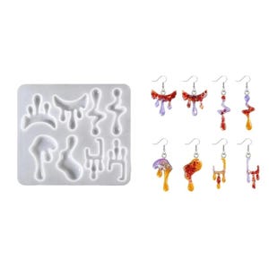 May include: A silicone mold with eight different shapes for making resin earrings. The mold is white and the shapes are abstract and dripping. There are six finished resin earrings in the image, each with a different color and glitter pattern.