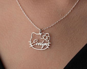 Collier prénom Kitty en or 14 carats cadeau personnalisé pour amoureux des chats plaque signalétique personnalisée bijoux collier prénom visage Kitty collier amoureux des animaux de compagnie pendentif Kawaii