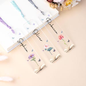 Custom Birth Flower Bookmark,Custom Name Birth Month Gift For Book Lover,Aesthetic Floral Acrylic Bookmark with Tassel,Book Reader Gifts