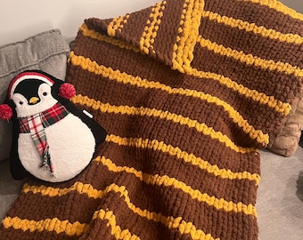 Handmade Brown and Mustard Yellow Striped Chunky Knit Throw Blanket