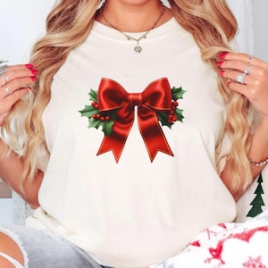 Comfort Colors, Christmas, Holiday, Festive, Santa, Unisex T-shirt, Holiday Tee, Bow, Cool Shirt, Bow tie, Red bow, Present T-shirt