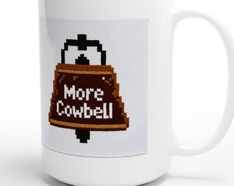 More Cowbell Please - grappige koffiekop in borduurstijl - witte keramische mok van 15 oz