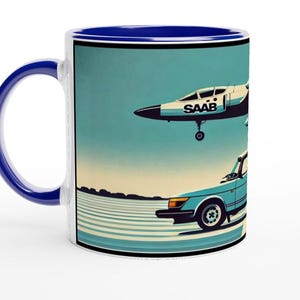 Saab 900 & Jet Ceramic Mug: Car Lover Gift, 11 oz
