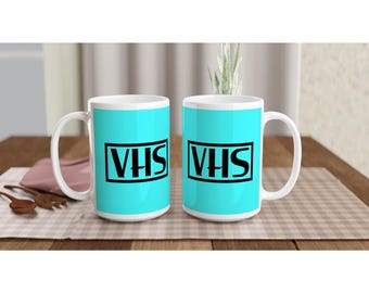 VHS Nostalgia Coffee Mug - Retro Gift for Movie Lovers - Be Kind, Rewind Design - 15oz Ceramic Mug