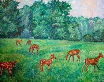 Deer at Peaks of Otter Art 40x30 Impressionist Landscape Oil Ptg. Award Winner Kendall  Kessler