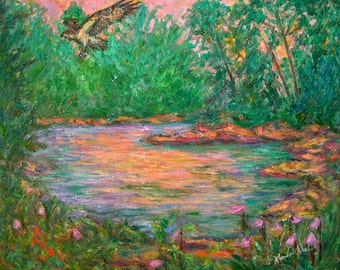 Osprey Evening Art 10x8 Impressionist Lake and Osprey Oil Ptg. by Award Winner Kendall Kessler