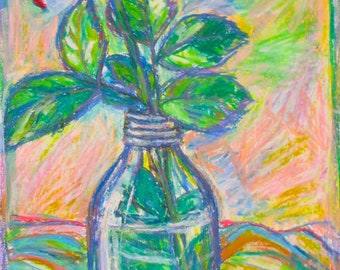 Rose in Bottle 14x8 Original Oil Pastel Still life  by Award Winning Artist KENDALL KESSLER