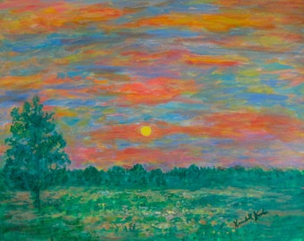 Green Meadow Mist Art 14 x 11 Impressionist Meadow Sunset Acrylic  Painting by Award Winning Artist Kendall Kessler