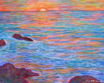 Ocean Sunset Art 19x11 Impressionist Oil Pastel Painting by Award