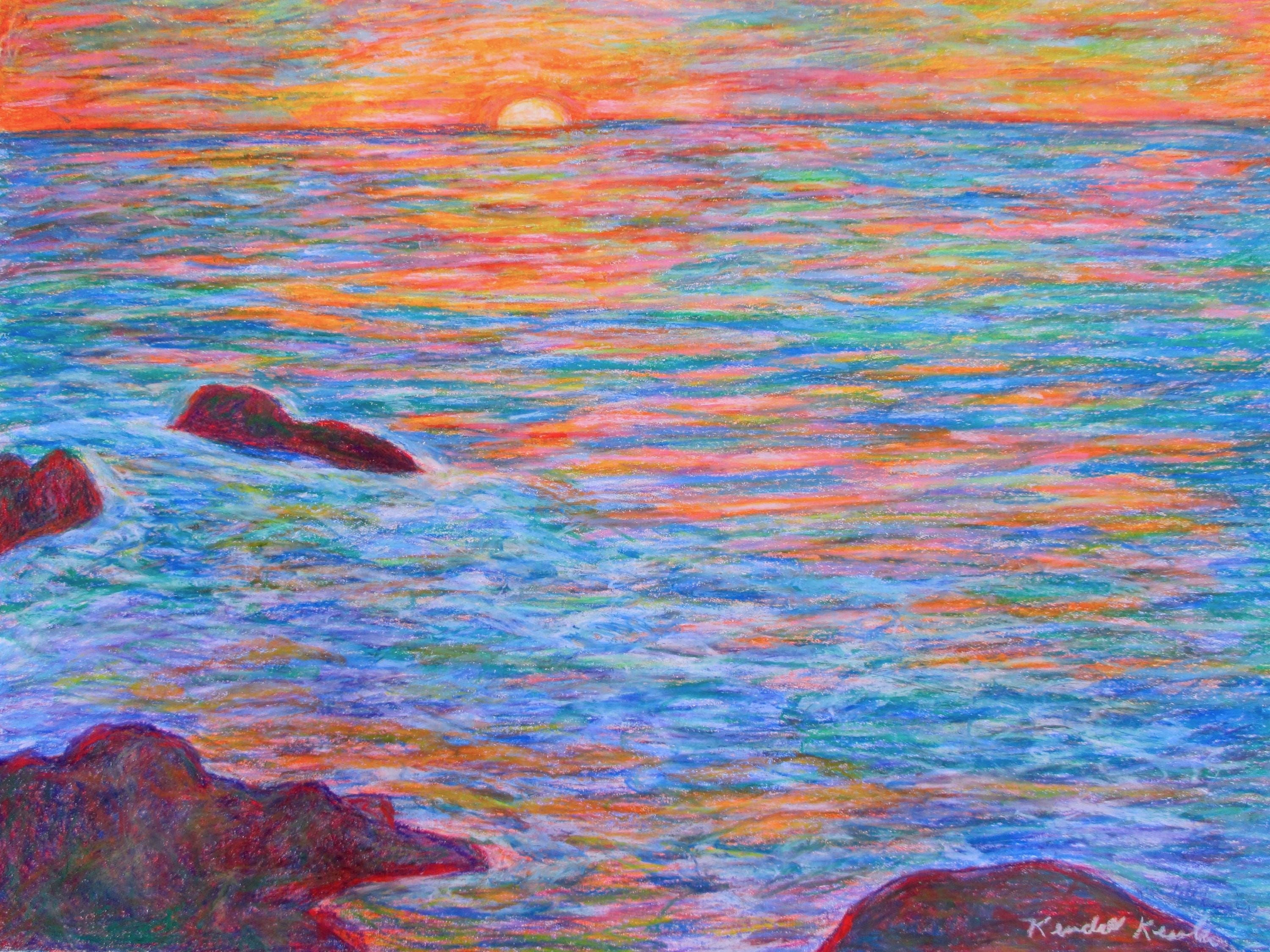 Ocean Sunset Art 19x11 Impressionist Oil Pastel Painting by Award