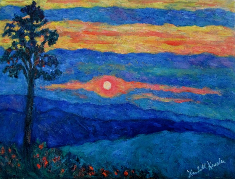Sunset Glow on the Blue Ridge Original 12 x 9 Impressionist Oil Painting by Award Winning Artist Kendall F. Kessler image 1