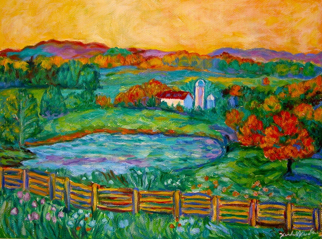 Golden Farm Scene Art 10x8 Impressionist Landscape Oil Ptg. by Award ...