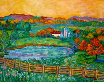 Golden Farm Scene Art 10x8 Impressionist Landscape Oil Ptg. by Award Winner Kendall Kessler