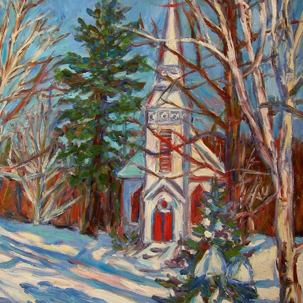 Church Snow Scene Art 12x16 Impressionist Oil painting by Award Winning Artist Kendall  Kessler