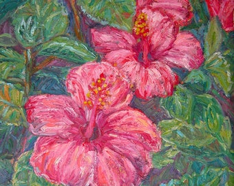 Hibiscus Art 14x18 Impressionist Floral Oil Painting by Award Winning Artist  KENDALL KESSLER